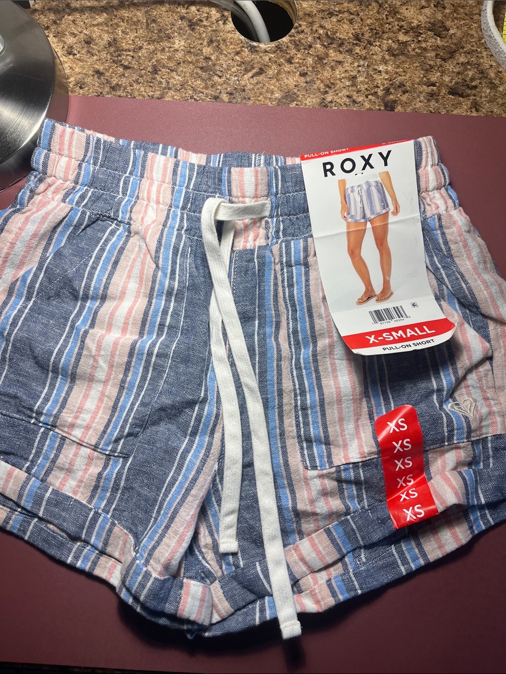 Roxy Striped Pull-On Shorts in Blue, Pink & White